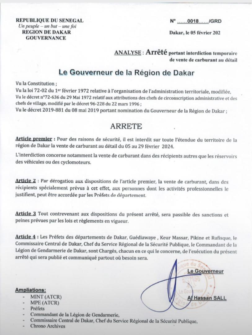 Le Gouverneur de Dakar interdit la vente temporaire de carburant au détail