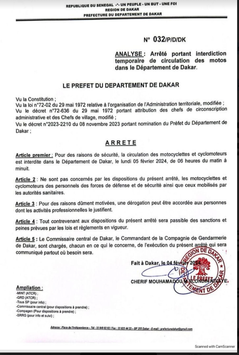 Dakar : Le préfet  interdit la circulation des motos (Document)