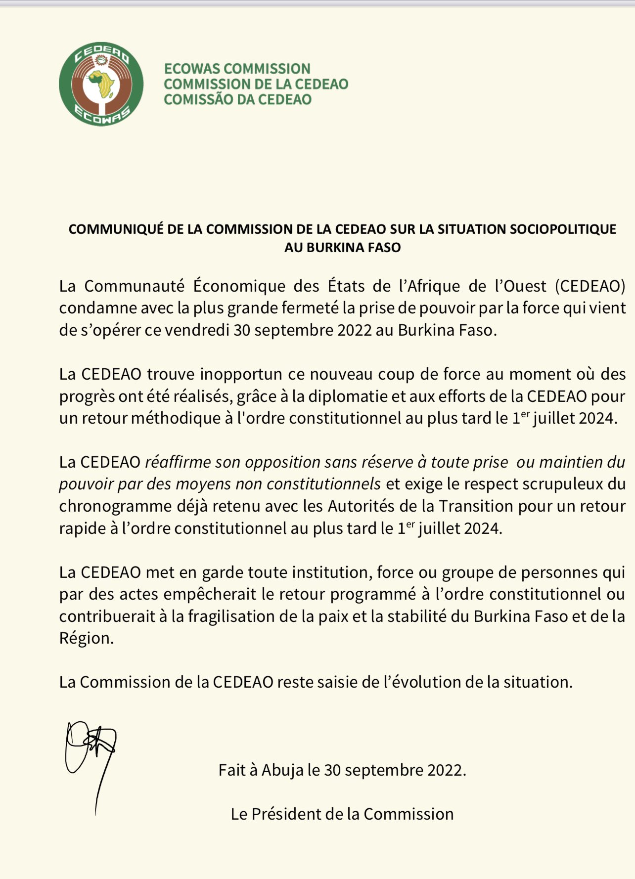 Coup d’état au Burkina Faso : La CEDEAO réagit