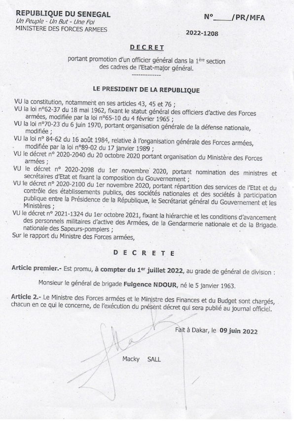 Armée : Fulgence Ndour promu Sous-chef d’Etat-major général des Armées