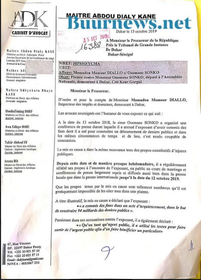 Plainte: Les accusations de Mamour Diallo contre Ousmane Sonko a fuité (document) 